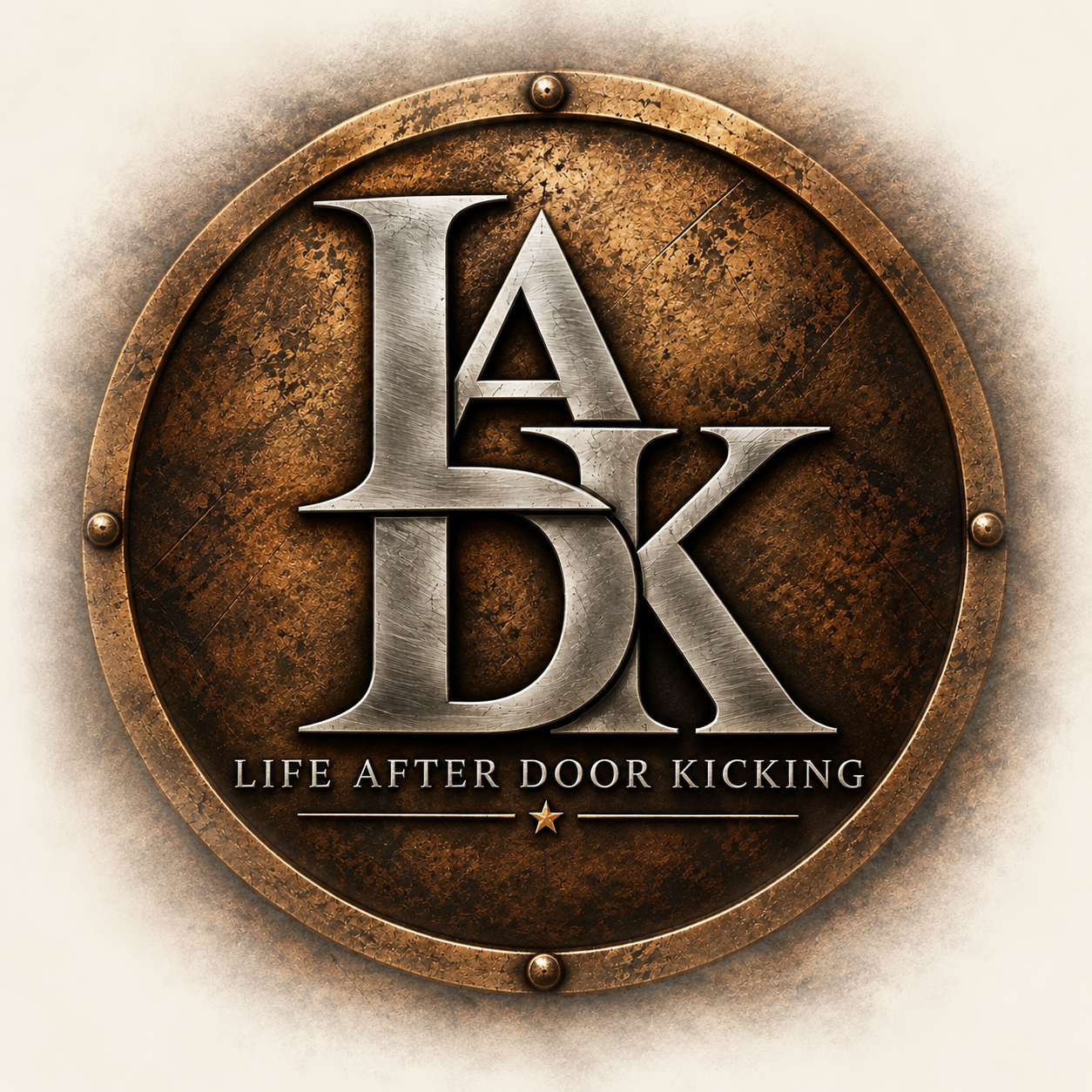 Life After Door Kicking bronze shield with silver LADK monogram